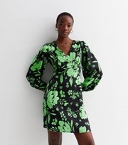 New Look Tall Green Floral Satin Long Sleeve Button Front Mini Dress
